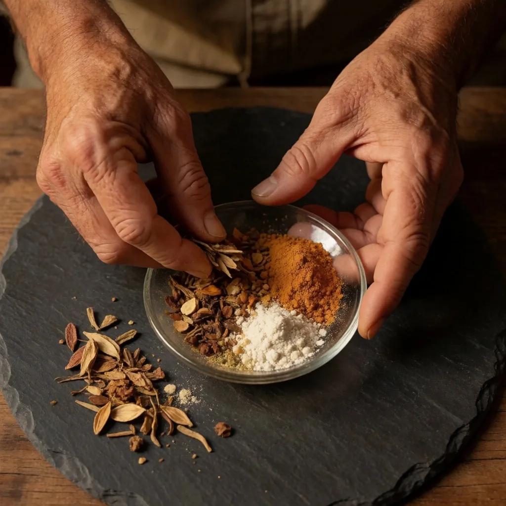 Hands holding dried botanicals on dark surface