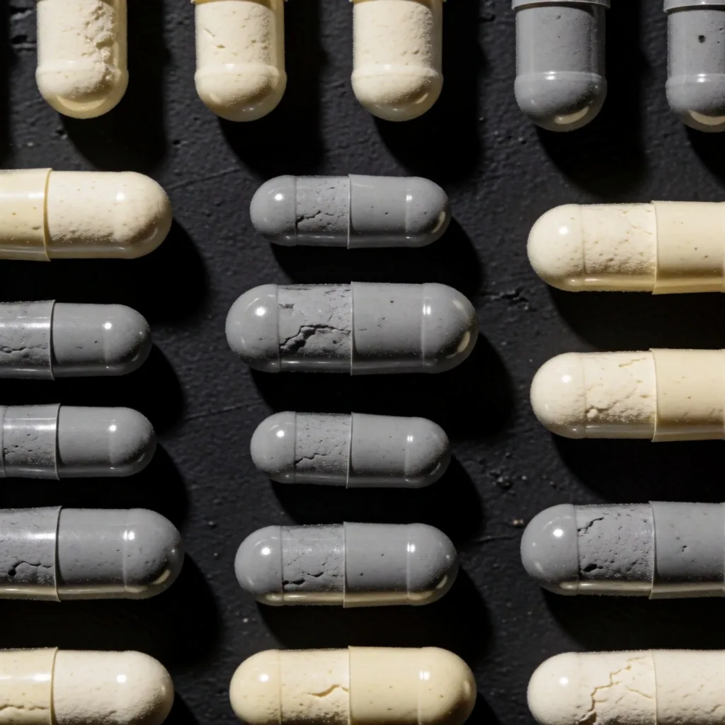 Unlabeled supplement capsules arranged on a dark concrete surface