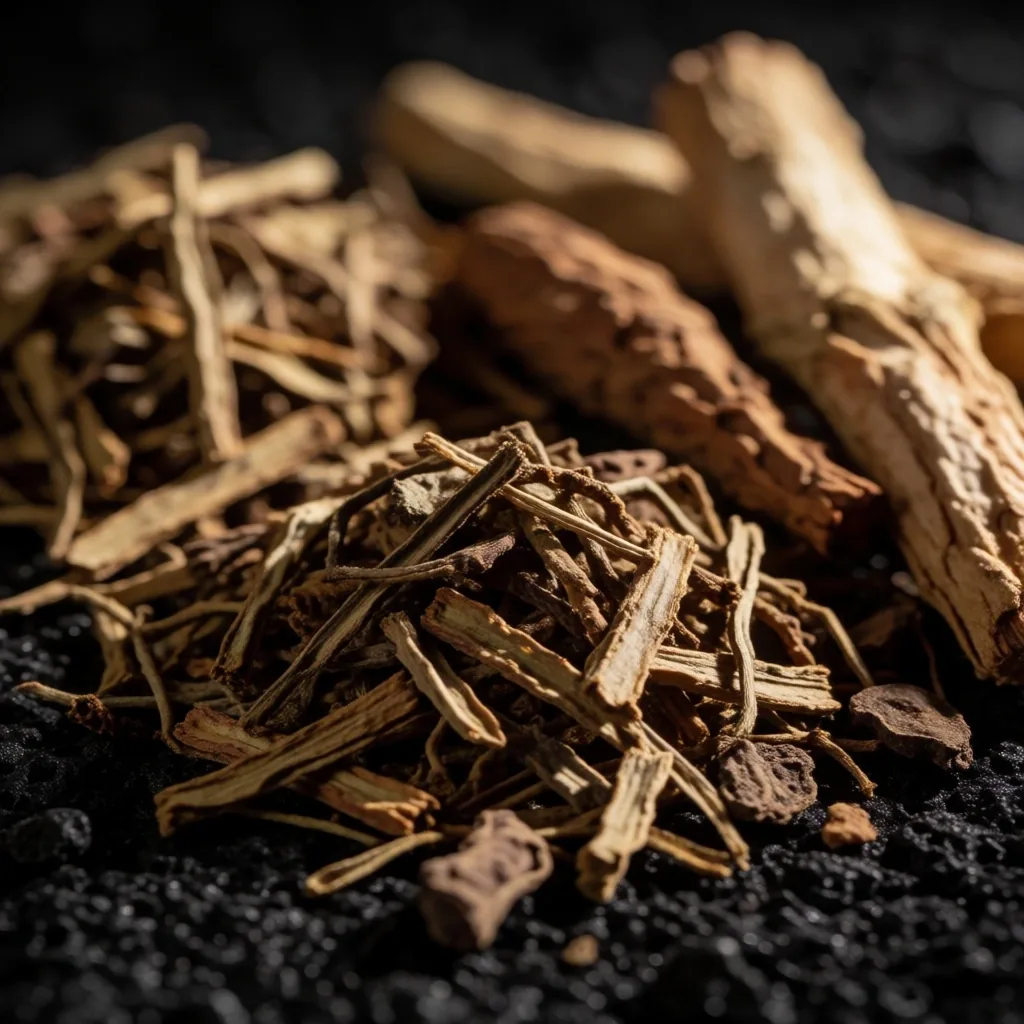 Dried botanical herbs and roots on dark slate stone