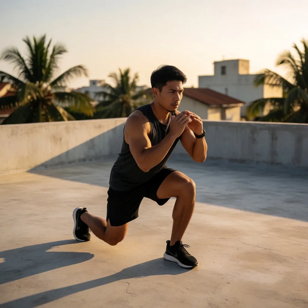 Fit Indonesian man against a brutalist concrete wall in late afternoon light