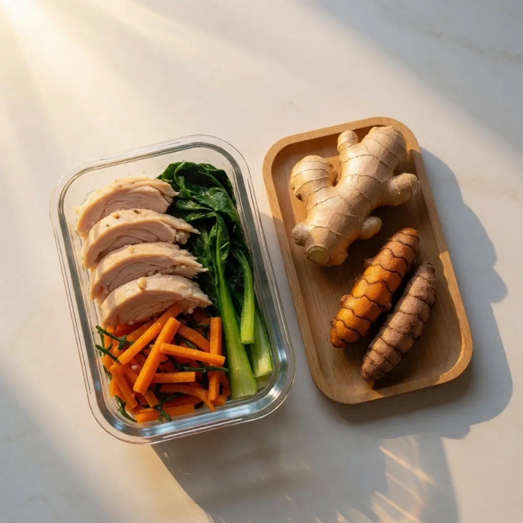 Prepared healthy meal and fresh ingredients on a desk at dawn