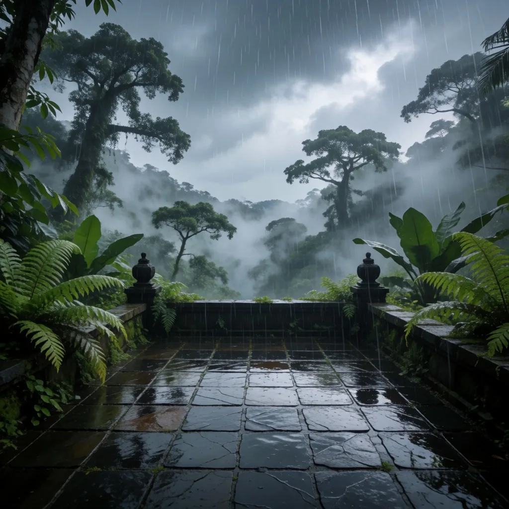Rainy season landscape in Indonesia with wet stone terrace