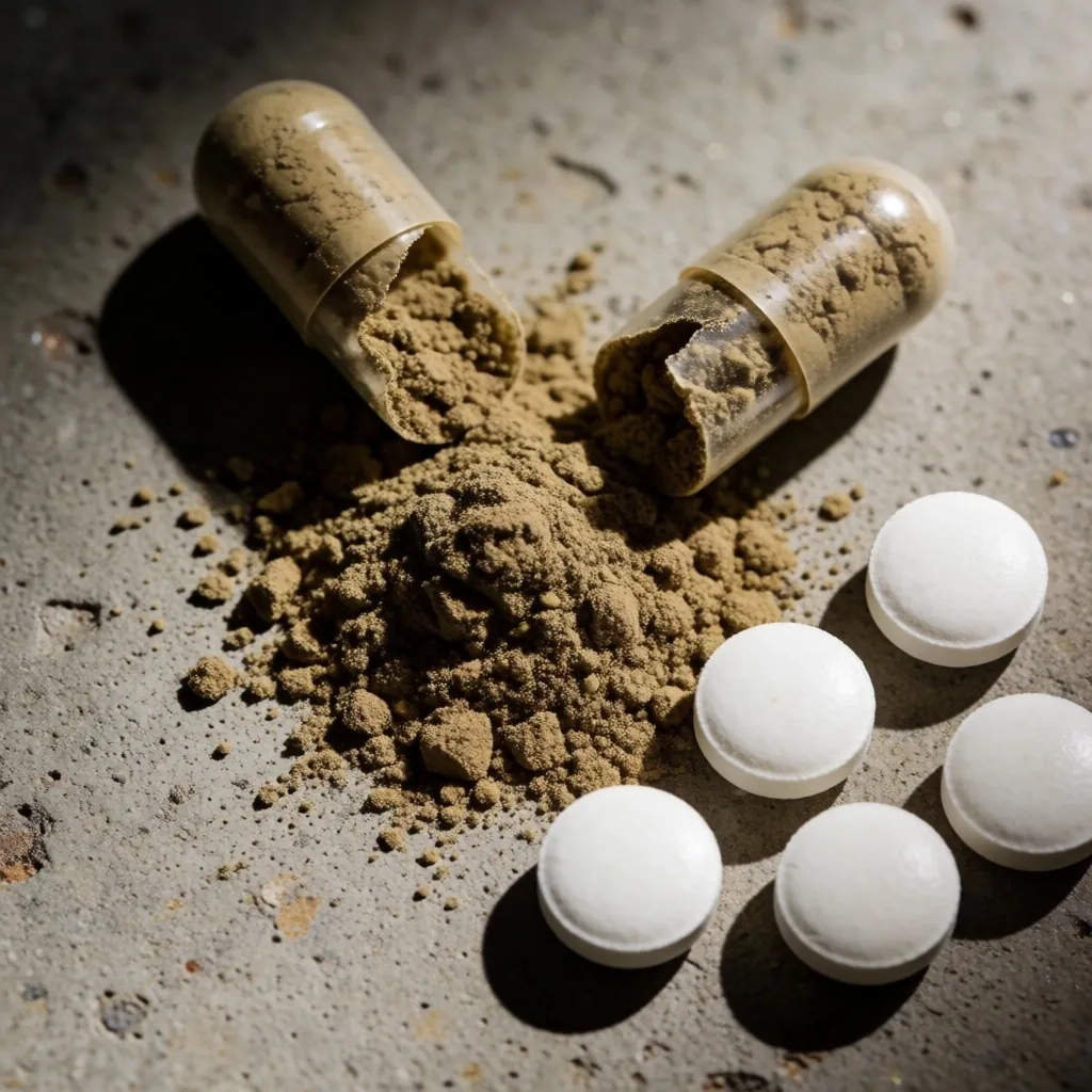 Supplement capsules on concrete surface