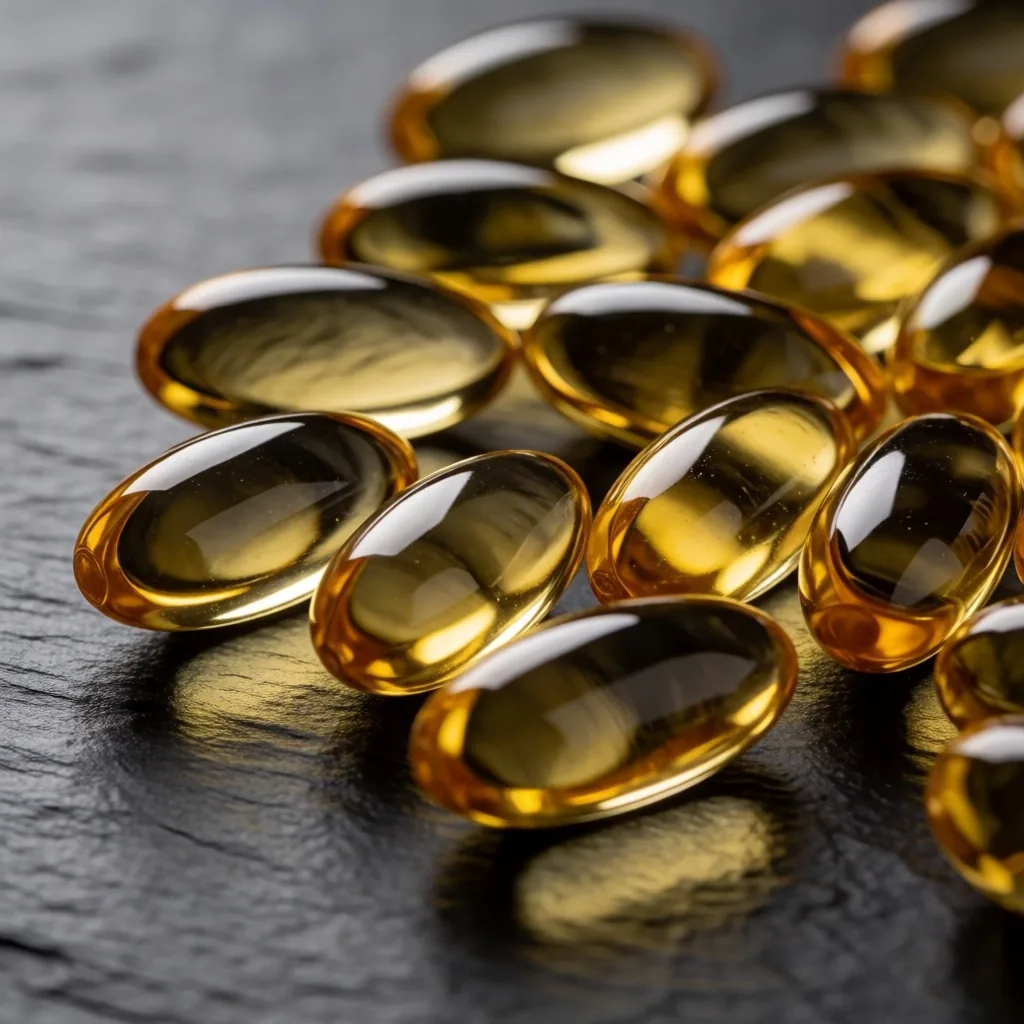 Fish oil capsules on dark mineral surface